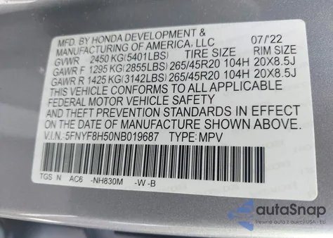 2022 Honda Passport Awd Ex-L z USA, uszkodzony, nr VIN 5FNYF8H50NB019687